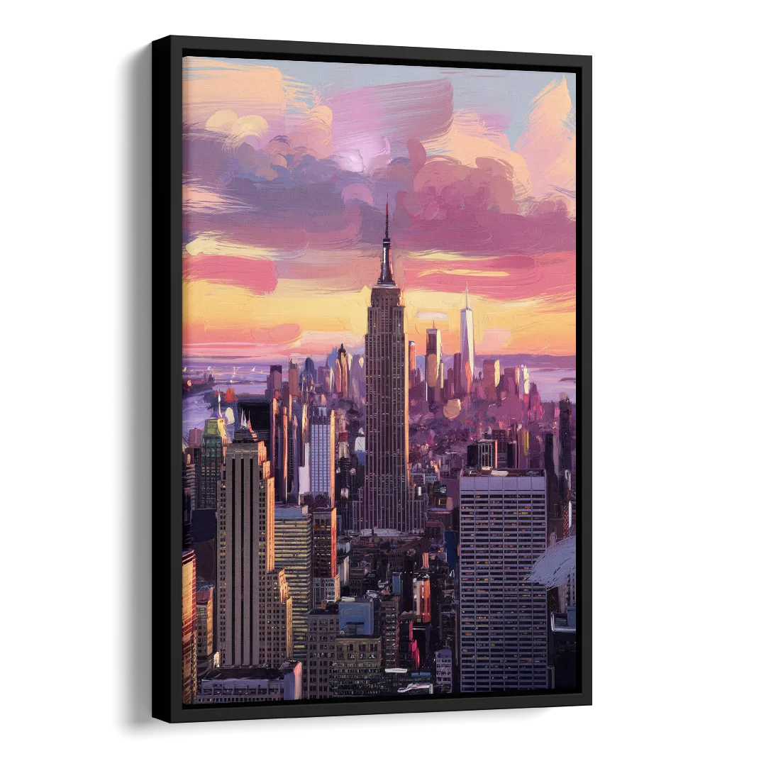 New York City Sunset Over Skyline Side - Black Canvas Wall Art