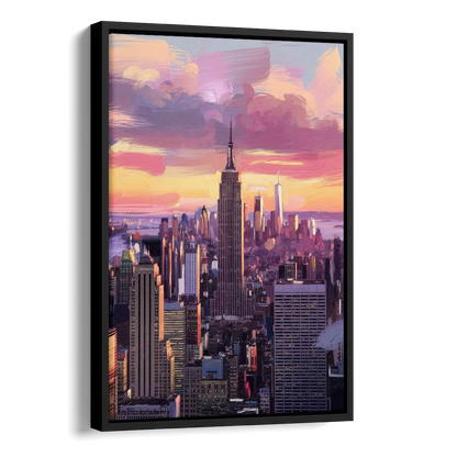 New York City Sunset Over Skyline Side - Black Canvas Wall Art