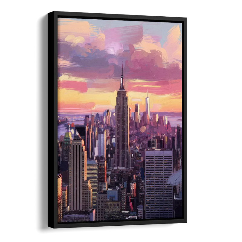New York City Sunset Over Skyline Side - Black Canvas Wall Art