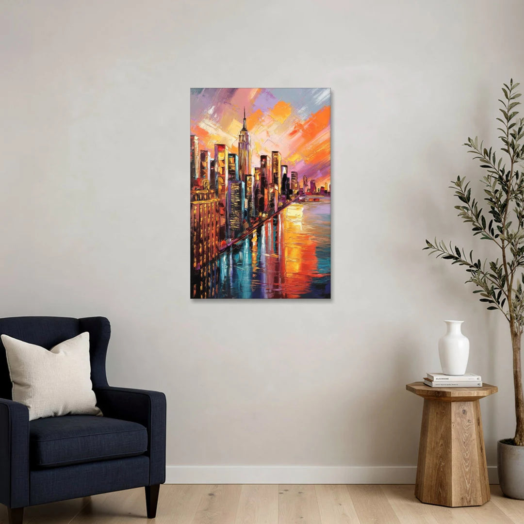New York City Sunset Over Skyscrapers Hudson - Canvas Wall Art - Sofa - 24x36