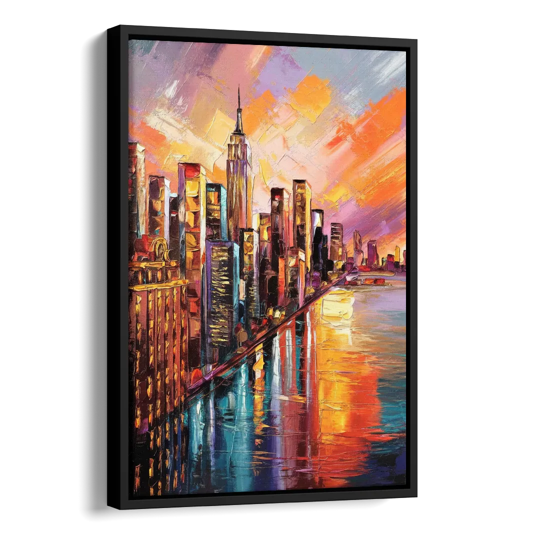 New York City Sunset Over Skyscrapers Hudson Side - Black Canvas Wall Art