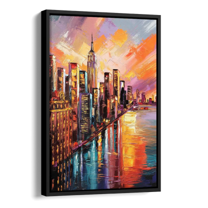 New York City Sunset Over Skyscrapers Hudson Side - Black Canvas Wall Art