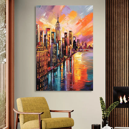 New York City Sunset Over Skyscrapers Hudson Sitting Room - Canvas Wall Art