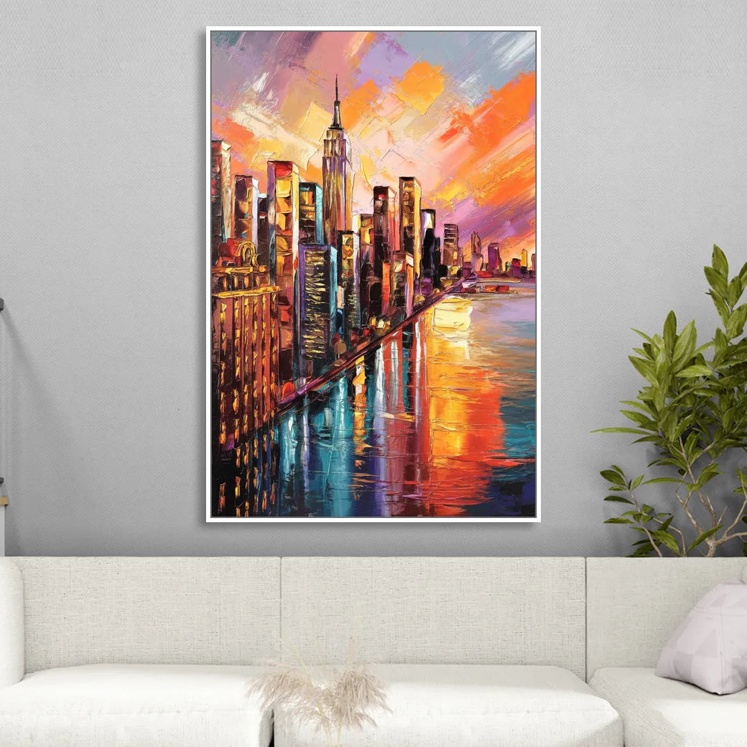 New York City Sunset Over Skyscrapers Hudson Sitting Room - White Canvas Wall Art