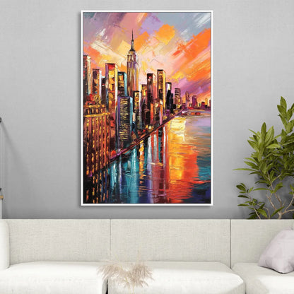 New York City Sunset Over Skyscrapers Hudson Sitting Room - White Canvas Wall Art