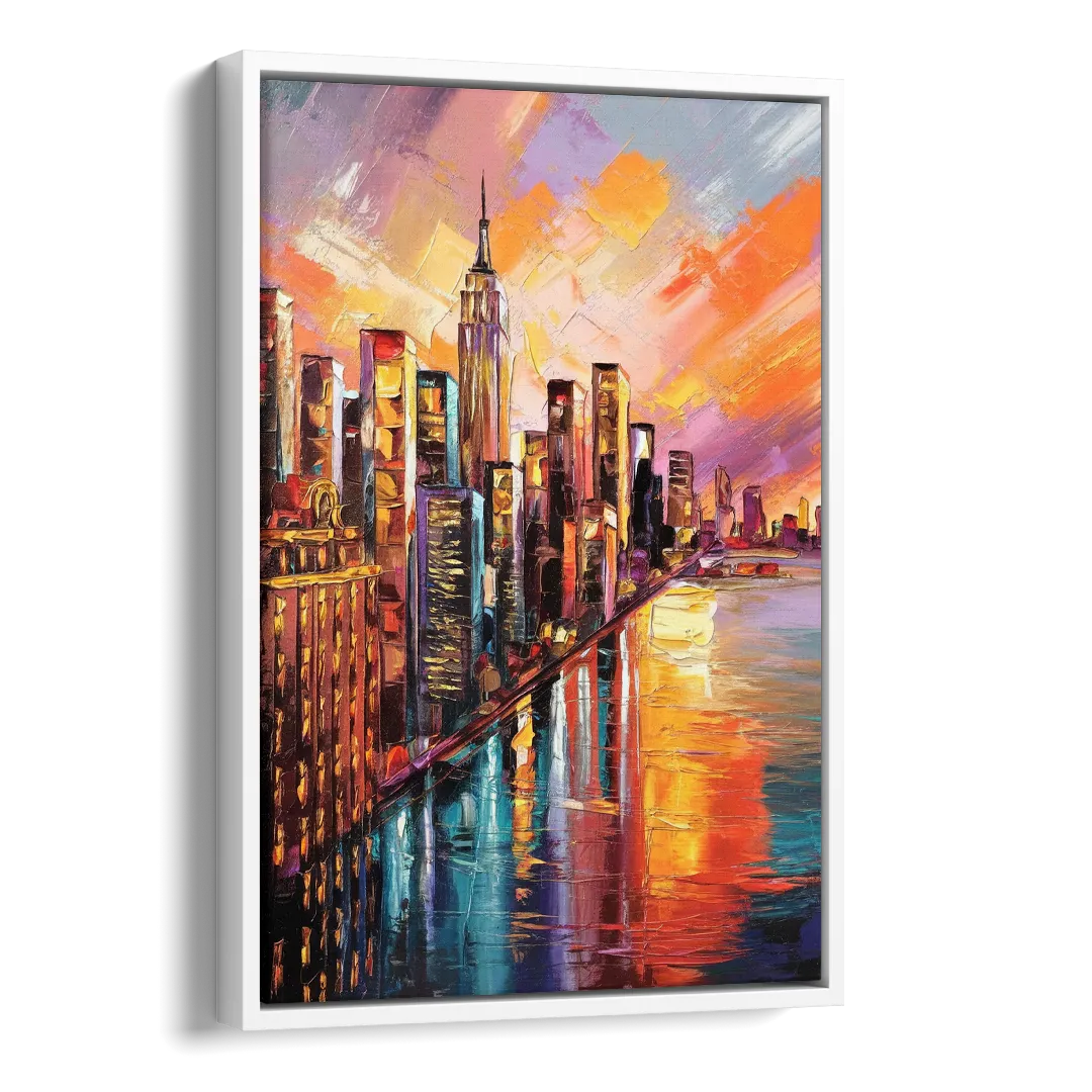 New York City Sunset Over Skyscrapers Hudson Side - White Canvas Wall Art