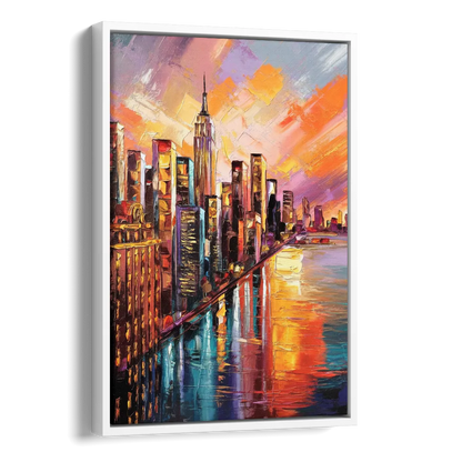 New York City Sunset Over Skyscrapers Hudson Side - White Canvas Wall Art