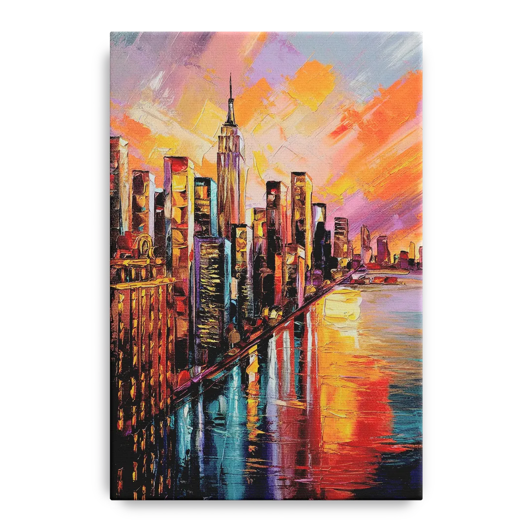 New York City Sunset Over Skyscrapers Hudson Front - Canvas Wall Art