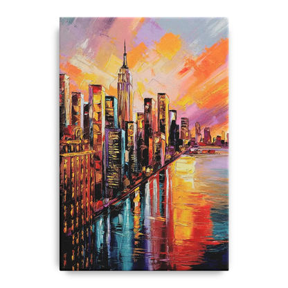 New York City Sunset Over Skyscrapers Hudson Front - Canvas Wall Art