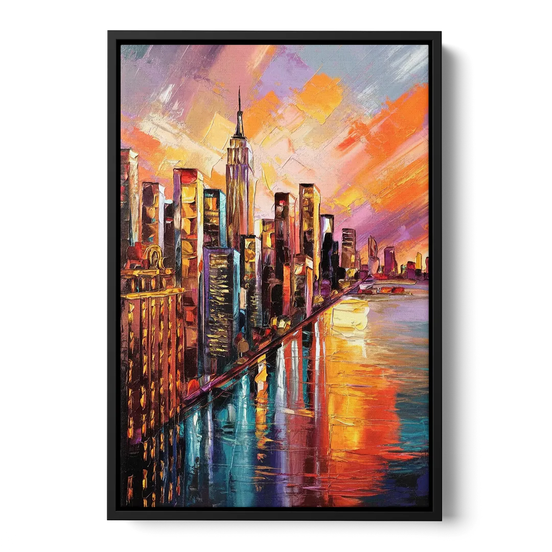 New York City Sunset Over Skyscrapers Hudson Front - Black Canvas Wall Art