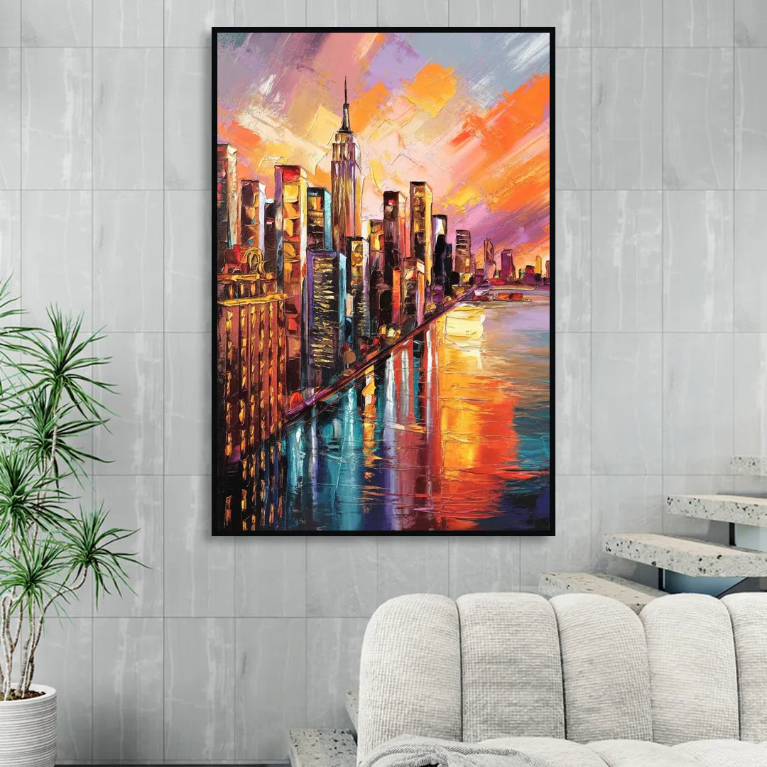 New York City Sunset Over Skyscrapers Hudson Sitting Room - Black Canvas Wall Art
