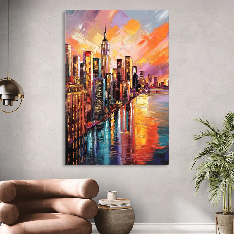 New York City Sunset Over Skyscrapers Hudson Living Room - Canvas Wall Art