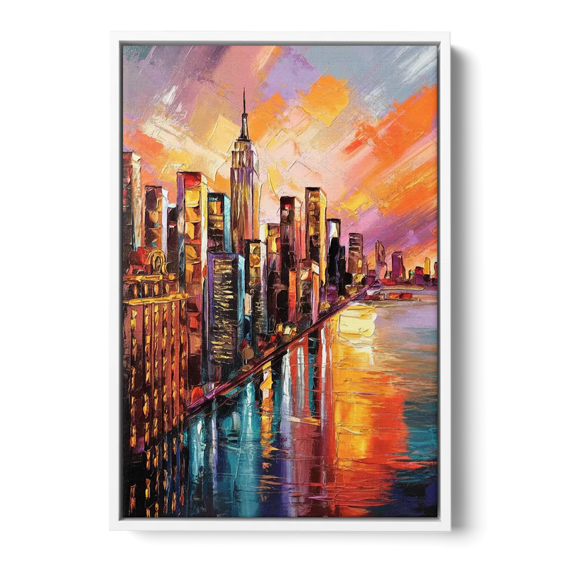 New York City Sunset Over Skyscrapers Hudson Front - White Canvas Wall Art