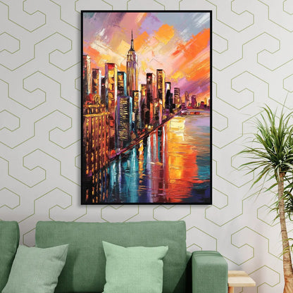 New York City Sunset Over Skyscrapers Hudson Living Room - Black Canvas Wall Art