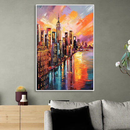 New York City Sunset Over Skyscrapers Hudson Living Room - White Canvas Wall Art