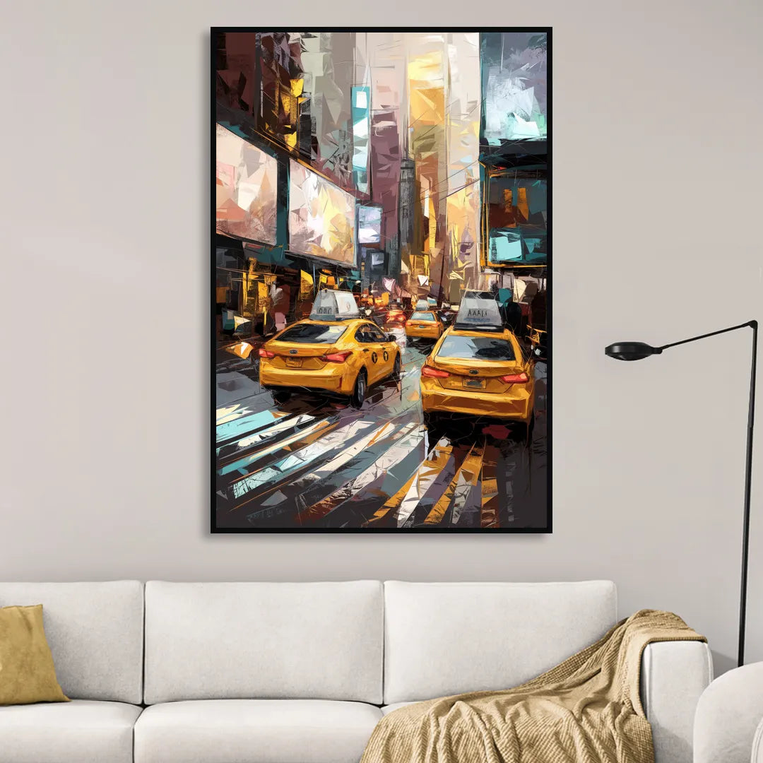 New York City Taxi Cabs Sitting Room - Black Canvas Wall Art