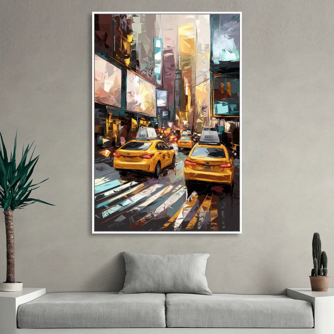 New York City Taxi Cabs Sitting Room - White Canvas Wall Art