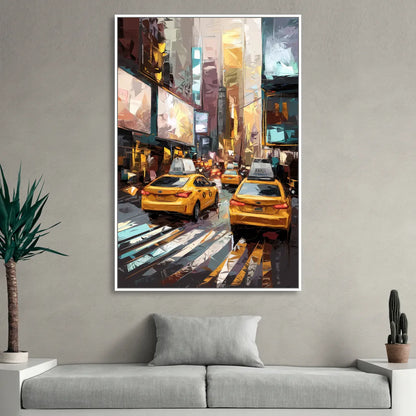 New York City Taxi Cabs Sitting Room - White Canvas Wall Art