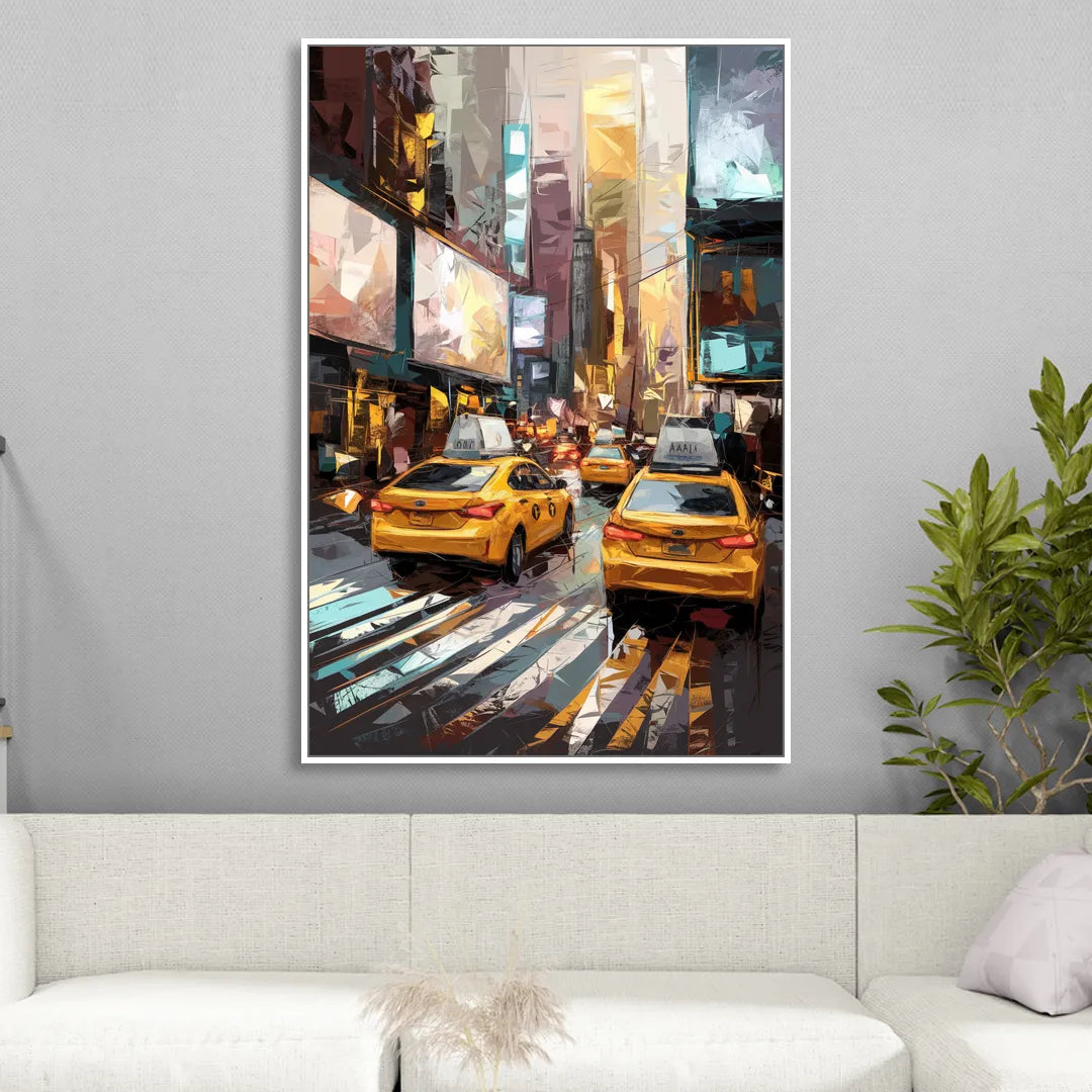 New York City Taxi Cabs Living Room - White Canvas Wall Art