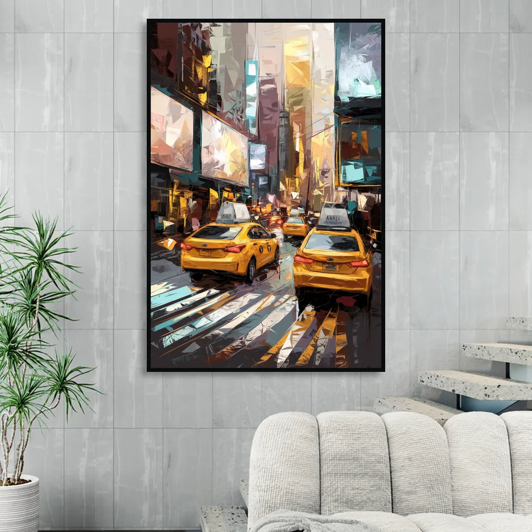 New York City Taxi Cabs Living Room - Black Canvas Wall Art