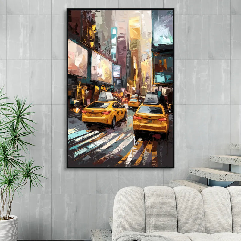 New York City Taxi Cabs Living Room - Black Canvas Wall Art
