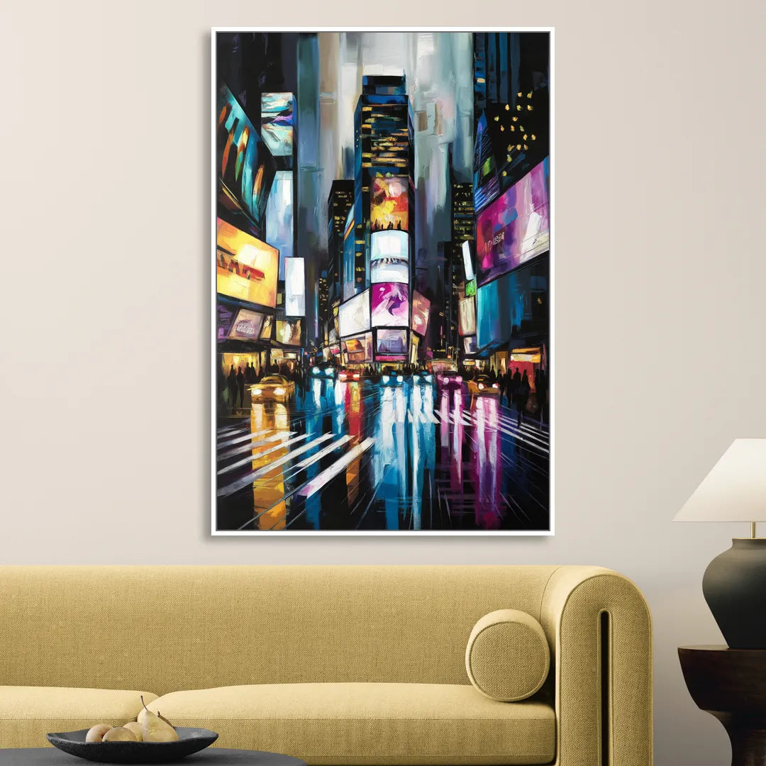 New York City Times Square Lights Sitting Room - White Canvas Wall Art