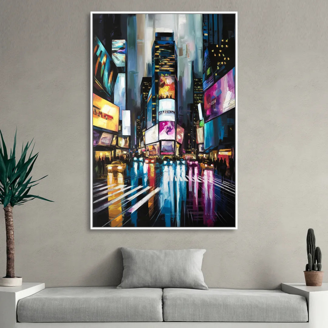 New York City Times Square Lights Living Room - White Canvas Wall Art