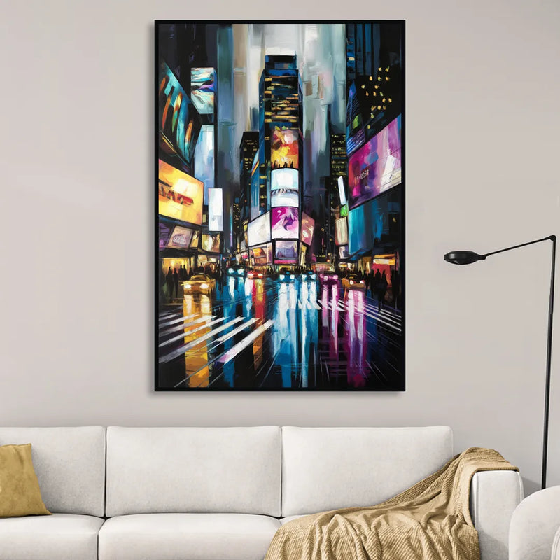 New York City Times Square Lights Living Room - Black Canvas Wall Art
