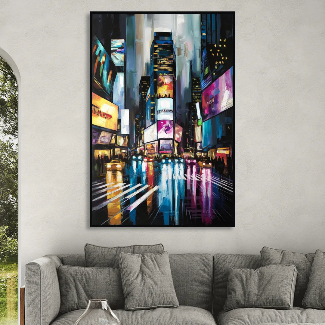 New York City Times Square Lights Sitting Room - Black Canvas Wall Art
