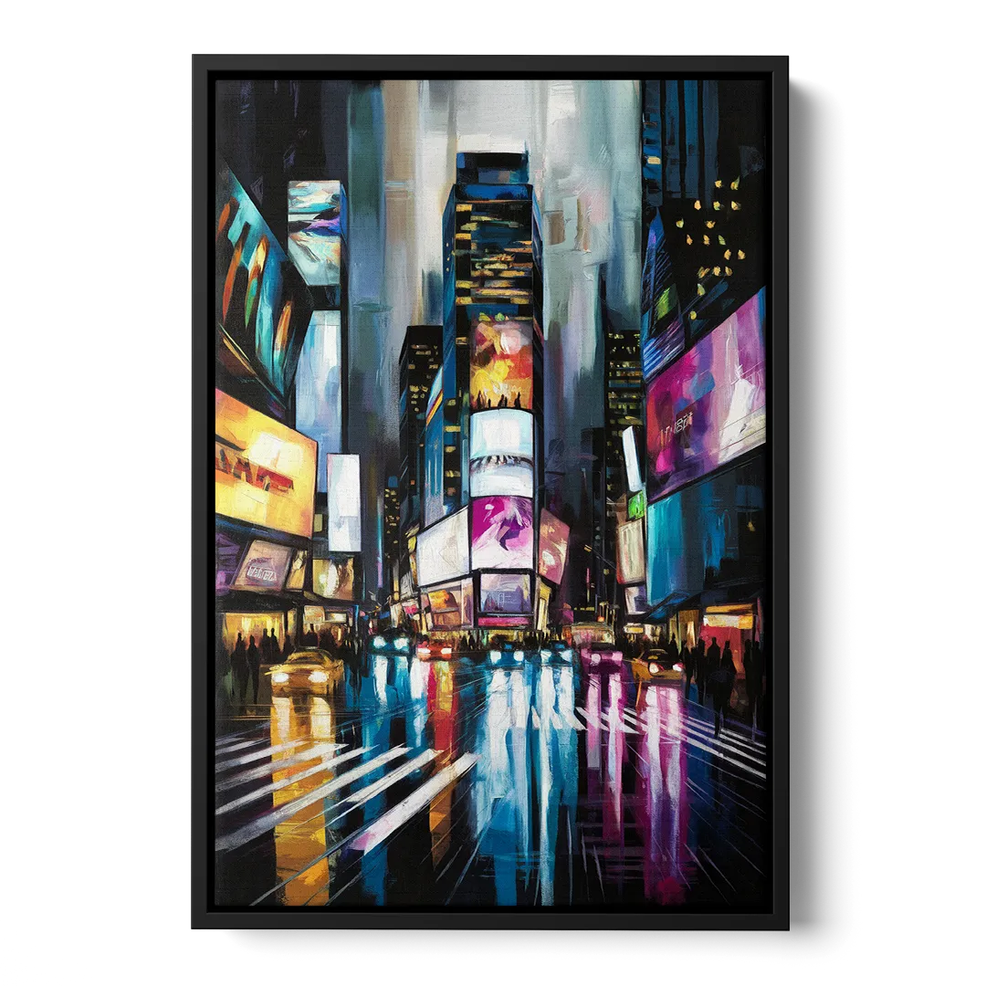 New York City Times Square Lights Front - Black Canvas Wall Art
