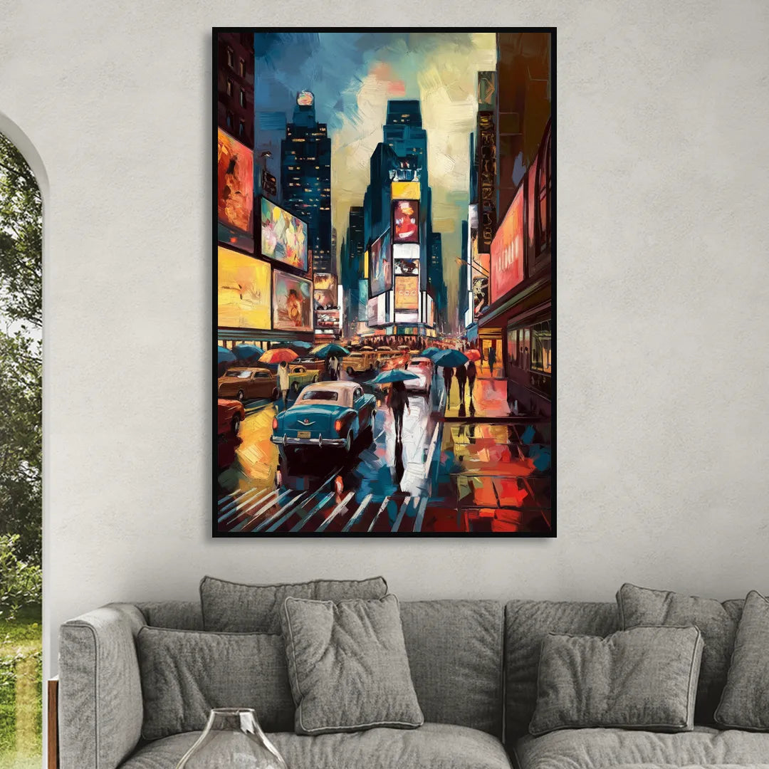 New York City Times Square at Midnight Living Room - Black Canvas Wall Art