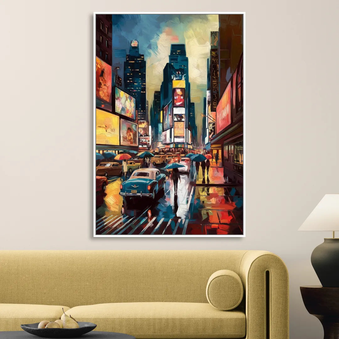 New York City Times Square at Midnight Living Room - White Canvas Wall Art