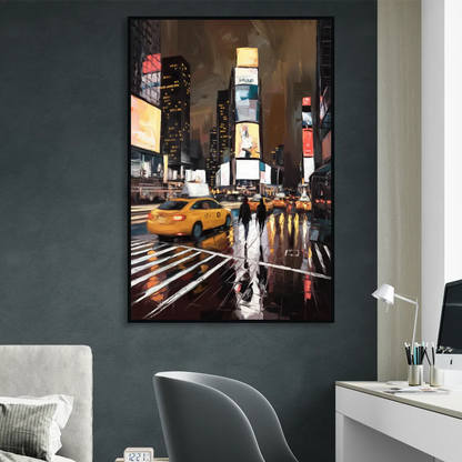 New York City Times Square in Motion Night Living Room - Black Canvas Wall Art