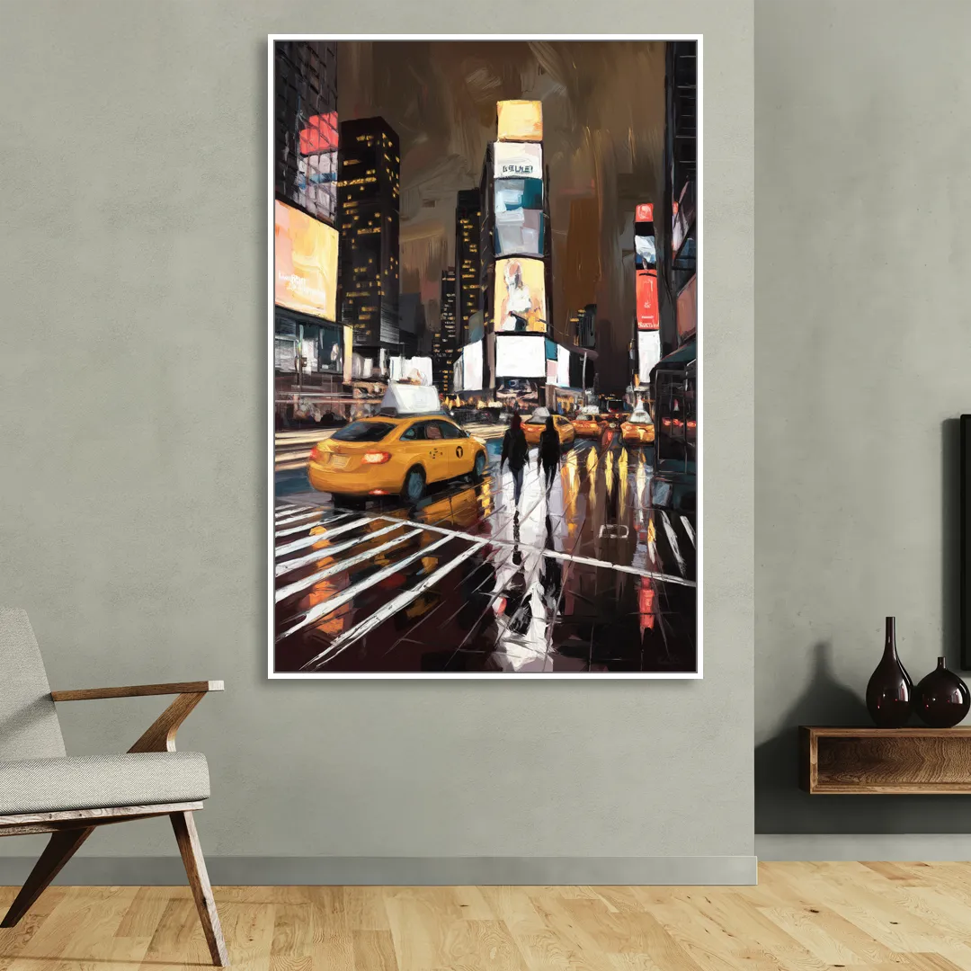 New York City Times Square in Motion Night Living Room - White Canvas Wall Art