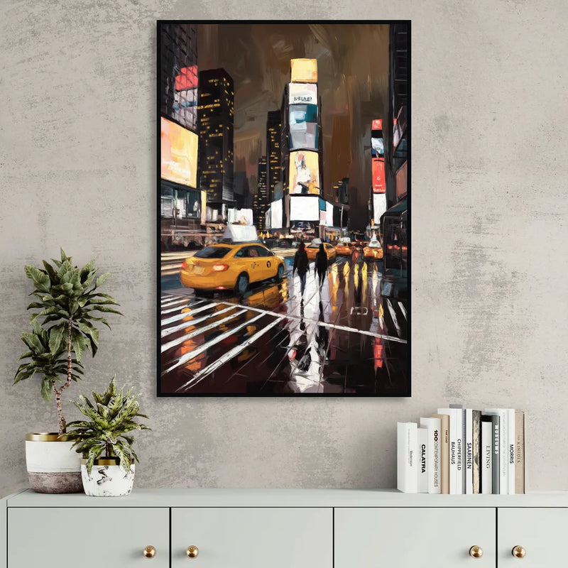 New York City Times Square in Motion Night Sitting Room - Black Canvas Wall Art