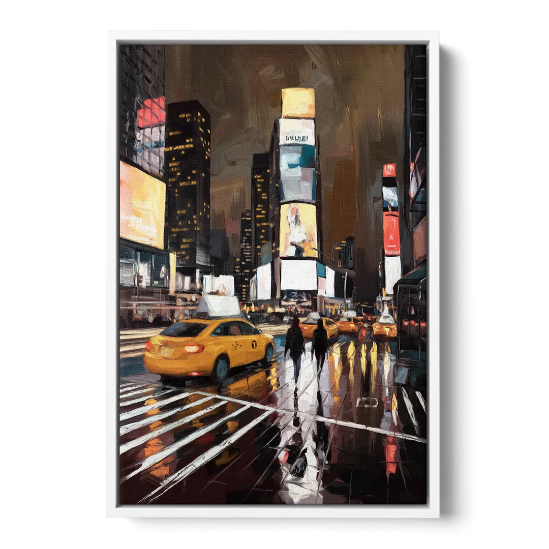 New York City Times Square in Motion Night Front - White Canvas Wall Art