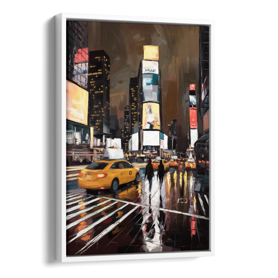 New York City Times Square in Motion Night Side - White Canvas Wall Art