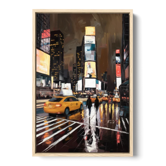 New York City Times Square in Motion Night - Oak Framed Canvas Wall Art - Front