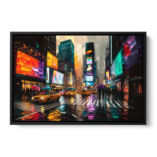New York City Vibrant Street Scenes - Black Framed Canvas Wall Art - Front