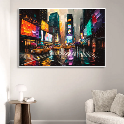 New York City Vibrant Street Scenes Living Room - White Canvas Wall Art