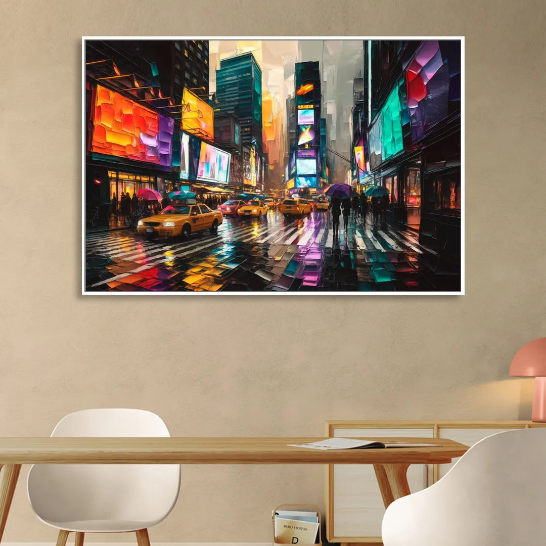 New York City Vibrant Street Scenes Sitting Room - White Canvas Wall Art