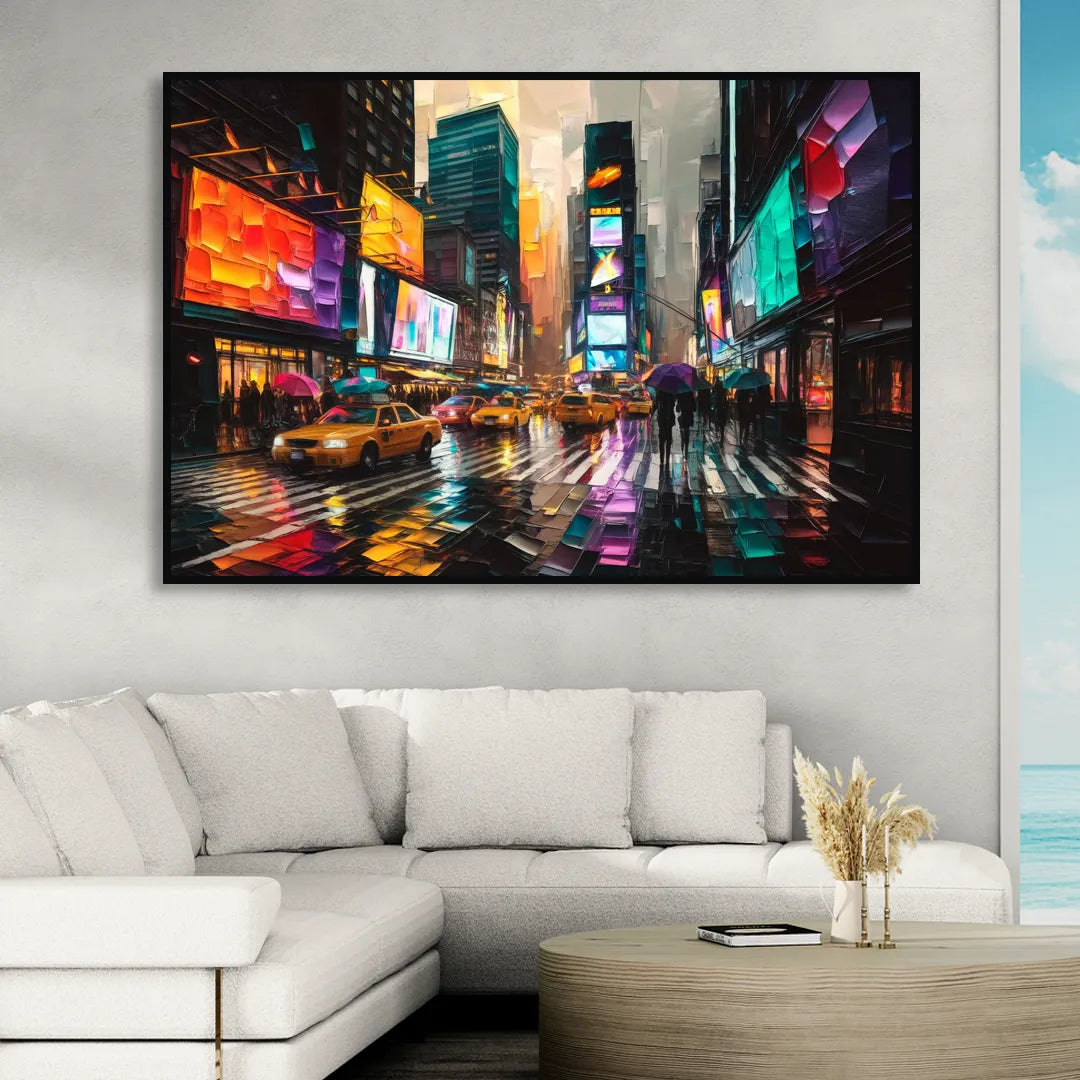 New York City Vibrant Street Scenes Sitting Room - Black Canvas Wall Art