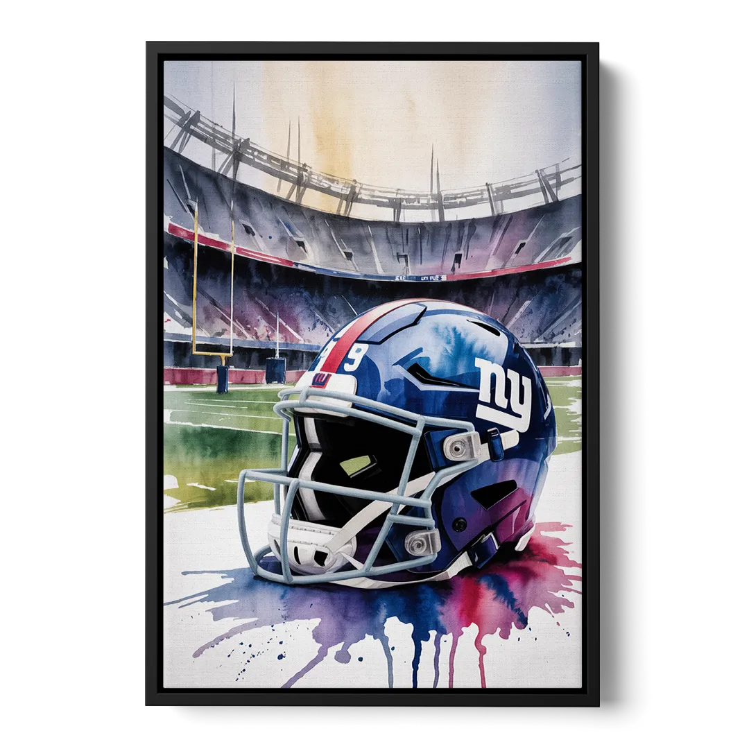 New York Giants Watercolor Helmet and Stadium Art - Black Frame Canvas