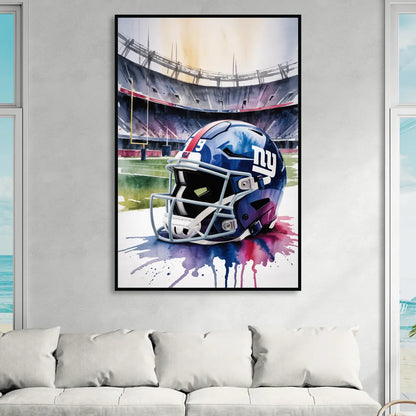 New York Giants Watercolor Helmet and Stadium Art Living Room - Black Canvas Wall Art