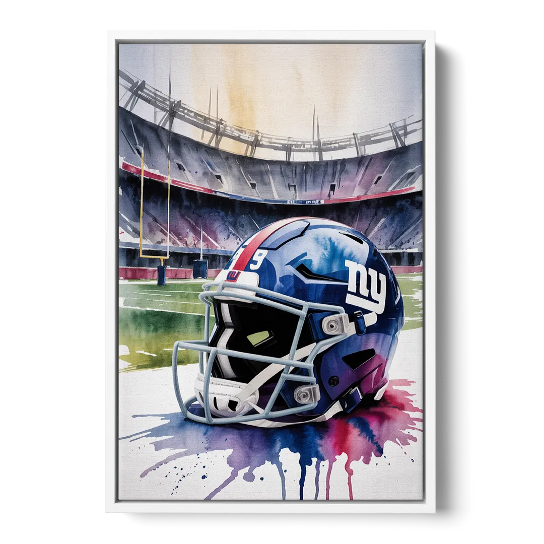 New York Giants Watercolor Helmet and Stadium Art - White Frame Canvas