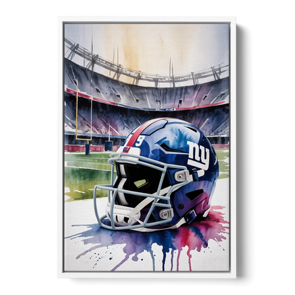 New York Giants Watercolor Helmet and Stadium Art - White Frame Canvas