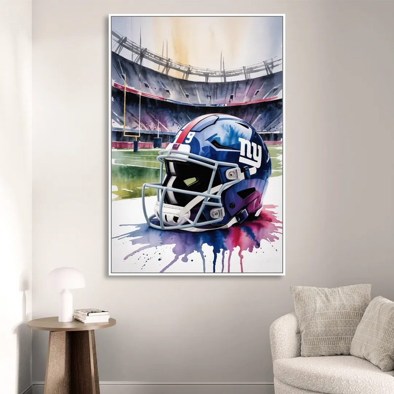 New York Giants Watercolor Helmet and Stadium Art Sitting Room - White Canvas Wall Art