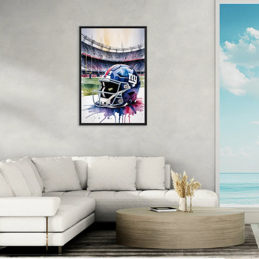 New York Giants Watercolor Helmet and Stadium Art - Living Room Black Frame Canvas