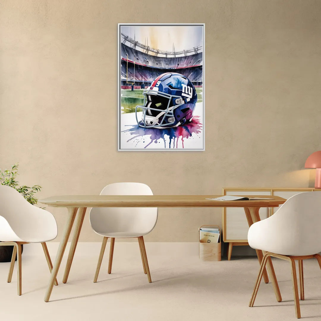 New York Giants Watercolor Helmet and Stadium Art - Living Room White Frame Canvas
