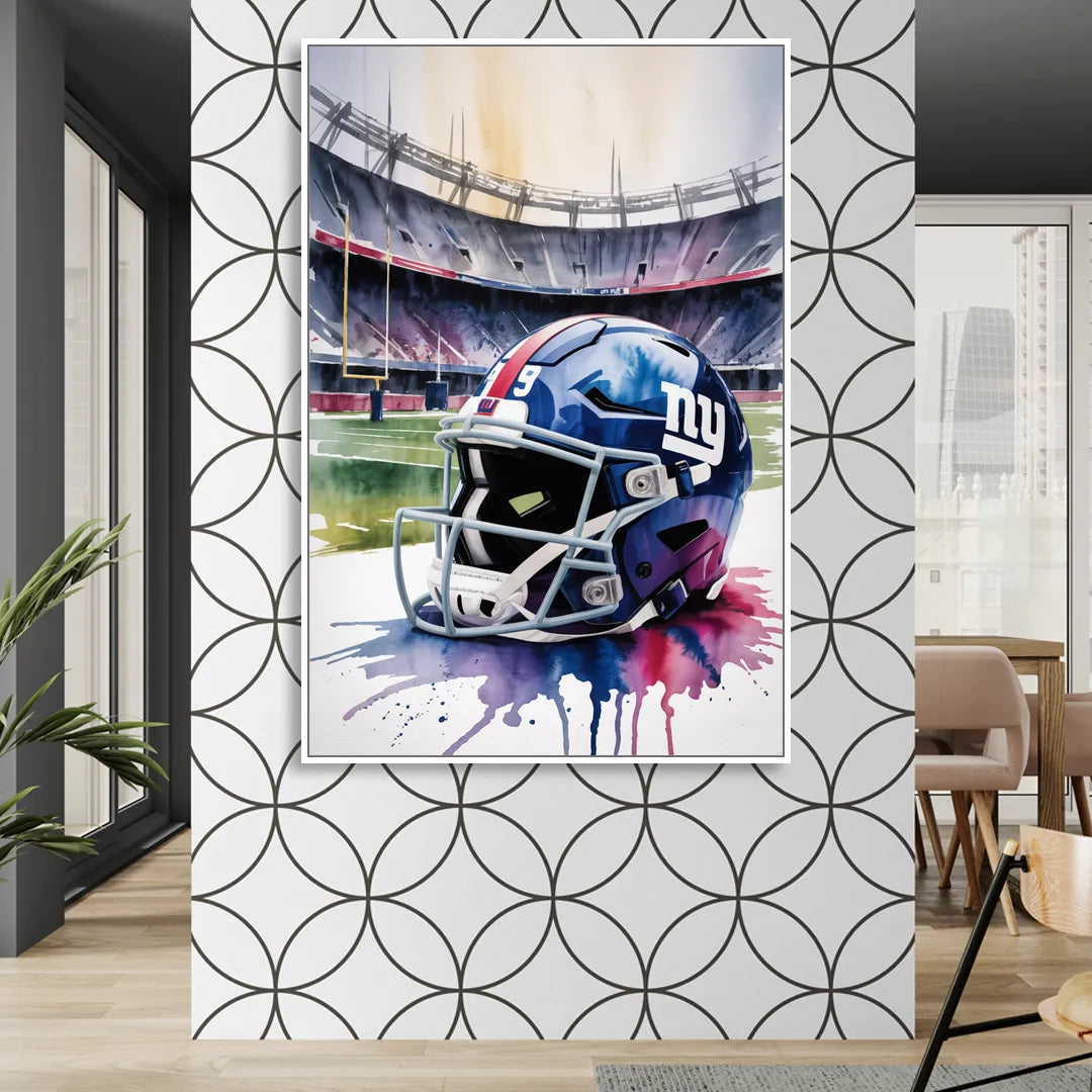 New York Giants Watercolor Helmet and Stadium Art Living Room - White Canvas Wall Art